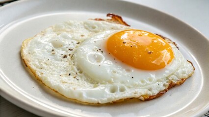 Fried egg lying on a plate, on white background, culinary masterpieces, for advertising, poster, banner, blog
