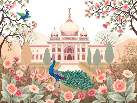 Mughal traditional garden with peacock, bird, flower and temple pattern illustration