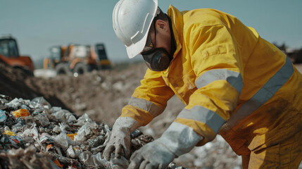 worker in yellow protective suit and helmet carefully handles hazardous waste at landfill site, ensuring safety and environmental protection