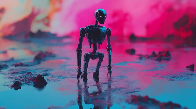 Solitary Robot in a Surreal Pink and Blue Landscape