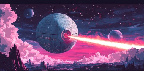 Death Star Firing Laser Over Pink Alien Landscape