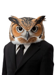 A brown owl in a crisp black suit, isolated on a transparent background. 