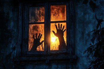Fototapeta premium Creepy zombie hands coming out of the window at night