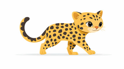 Cute cartoon leopard cub walking on a white background.