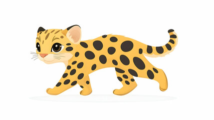 Cute cartoon ocelot kitten walking, white background,  children's book illustration.