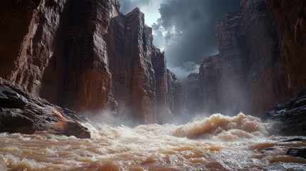 Turbulent River Raging Through Imposing Canyon Walls Under Dramatic Sky