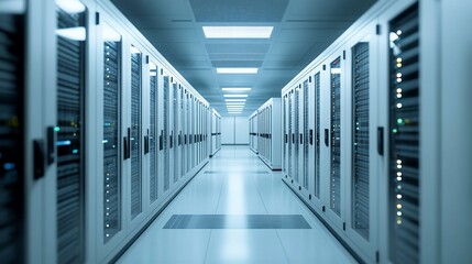 Fototapeta premium Inside a Modern Data Center: Rows of Servers and Advanced Technology