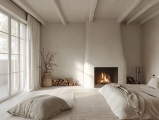 Minimalist Bedroom Design With Fireplace And Natural Light