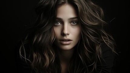 Fototapeta premium A woman with long brown hair and a dark eye makeup