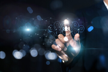 customer network icon and growth graph progress of business indicators and analyzing financial and investment data, economy, business planning and strategy.