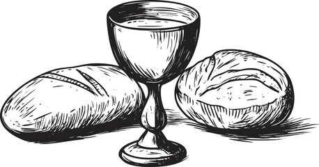Hand-drawn illustration of a chalice with bread in black and white.