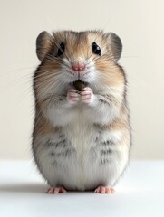 A cute hamster standing upright, holding a small treat with its paws.