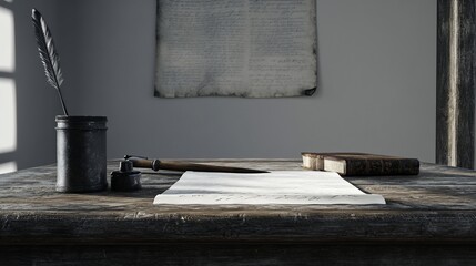 Obraz premium A Writer's Desk: Quill, Ink, and Manuscript