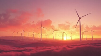Obraz premium Sunset over wind turbines in a field.