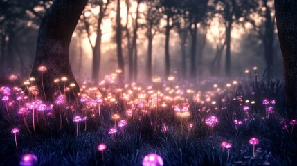 Fototapeta premium Enchanted Forest: Glowing Mushrooms at Dusk