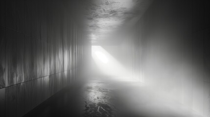 A mysterious, fog-filled tunnel with a dim light barely visible at the far end, casting eerie shadows.