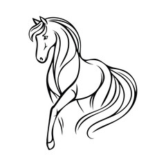 A dynamic silhouette of a galloping horse, showcasing strength, speed, and elegance. Perfect as a logo, emblem, or icon for equestrian sports, ranches, stables, or racing, in a sleek monochrome vector