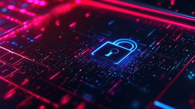 Close-up of an electronic circuit board with processor and microchips showing off a digital padlock as a symbol of cyber security