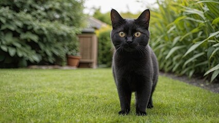 Black british shorthair cat in the garden