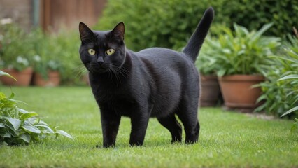 Black british shorthair cat in the garden