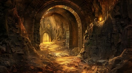 A narrow, winding tunnel carved through rock, with rough walls and a soft, golden light at the entrance.