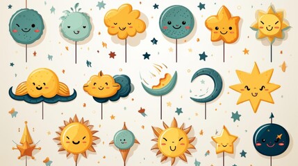 A collection of cartoonish suns, clouds, and stars
