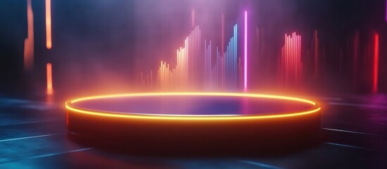 Neon-lit circular platform in futuristic setting.