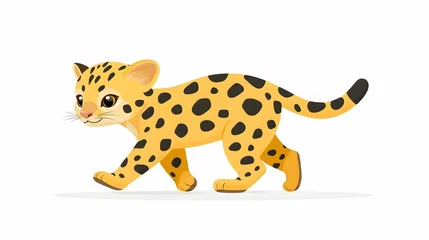 Cute baby jaguar walking, white background, jungle habitat implied, children's book illustration.