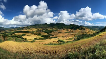 Naklejka premium Golden Rice Terraces Under A Blue Sky With Puffy Clouds