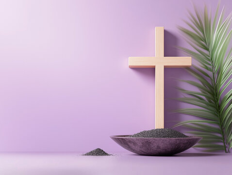 Palm Sunday Ash Wednesday wood cross isolated in purple background with a bowl of ash and palm frond. Religious calendar event.. Copy space