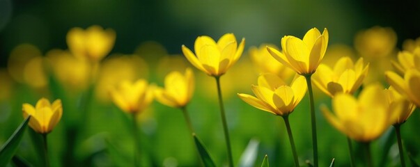 Fototapeta premium Bright yellow petals against a dark green foliage, garden, sunnyday