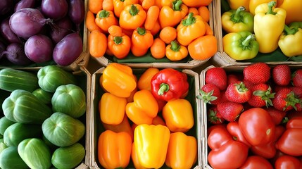 A vibrant display of colorful bell peppers, strawberries, and tomatoes in boxes at the farmers' market