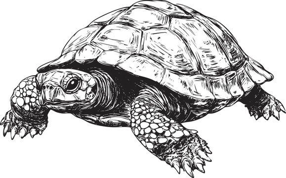 Detailed black and white turtle illustration with intricate shell pattern.