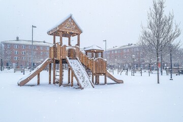 A snowy playground with wooden equipment stands still in a serene winter landscape, surrounded by soft white snow.