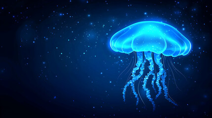 Glowing jellyfish swimming in dark ocean, starry background; digital art for science or fantasy design