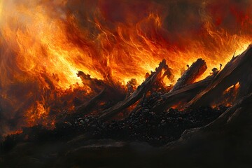 Intense wildfire consuming forest, burning wood, dark smoke, environmental disaster, graphic design