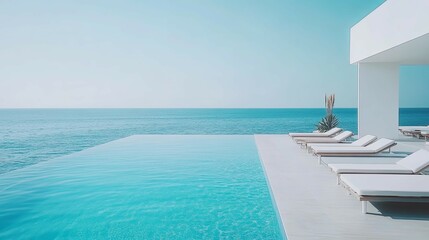 Fototapeta premium Modern luxury white beach hotel with stunning sea and blue sky