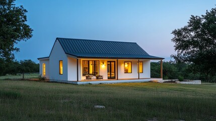 Obraz premium Luxurious modern farmhouse exterior at dusk showing off the luxury