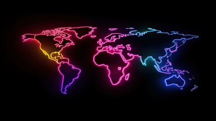 Colorful neon world map on black background.