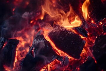 Fototapeta premium Embers glowing in fireplace, smoky night, warmth