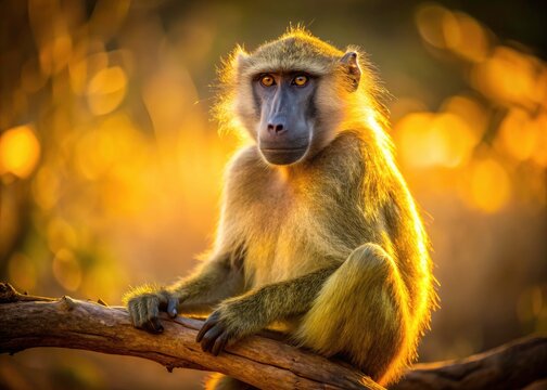 Close-up tilt-shift captures a baboon's golden hour portrait;  African primate perched on a branch.