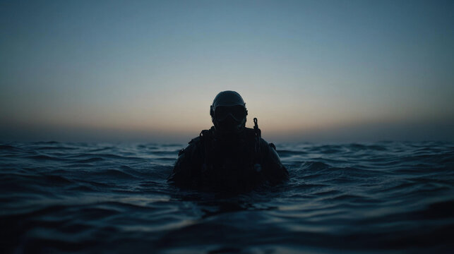 military frogman emerges from dark ocean waters at dusk, showcasing bravery and resilience. silhouette against fading light creates dramatic and intense atmosphere