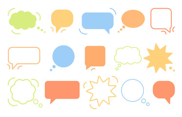 Set of colorful empty speech bubbles. For text, message box, price tags, stickers, icons. Simple colored shapes. Vector illustration isolated on white background, doodle speech balloon, hand drawn.