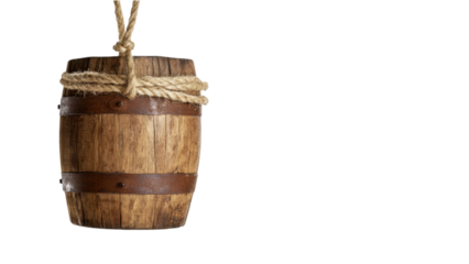 Wooden barrel hanging with rope against a black background.
