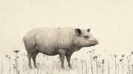 Naklejka premium A lone pig stands in a field of wildflowers, rendered in sepia tones.