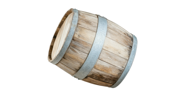 Wooden barrel on a black background, tilted at an angle.