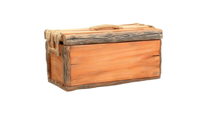 Wooden box with a rustic design and rope handle on a black background.