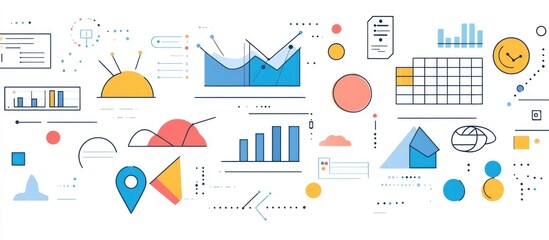 Data analytics infographic with charts, graphs, and icons.