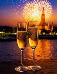 Generated image, Generated image, two champagne glasses on table, chao phraya riverside in thailand