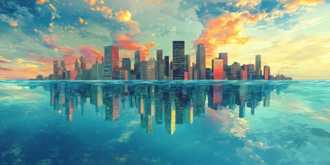 Fototapeta premium Cityscape reflected in tranquil ocean water at sunset